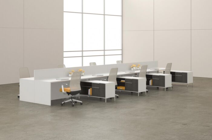 modern bench cargo hub desking in a large open room office setting
