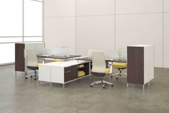 modern office desk furniture system with yellow and wood accents