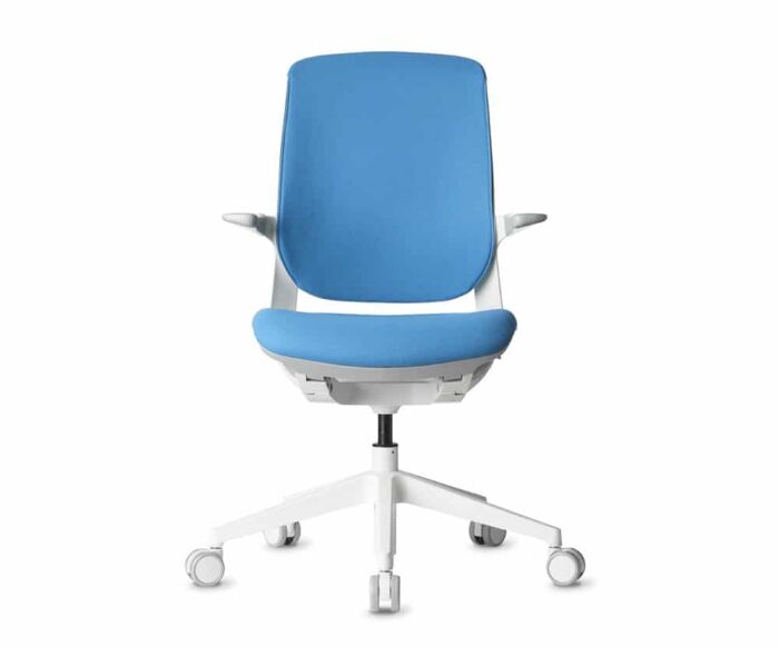 white modern office task chair with light blue cushion