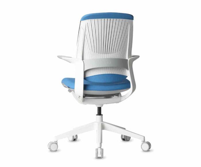 white modern office task chair with light blue cushion
