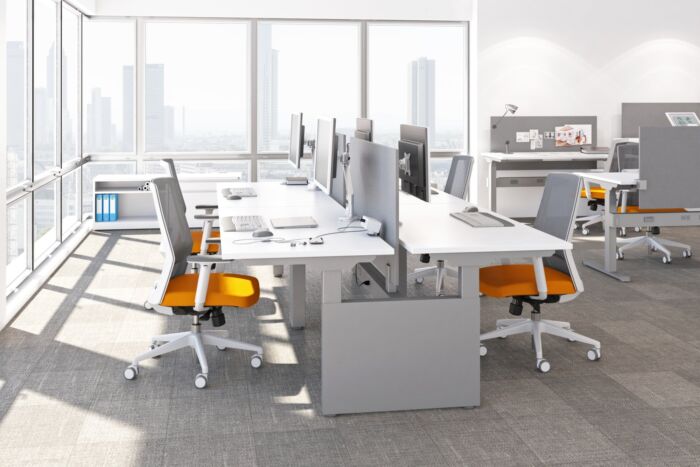 Height adjustable desks with white base and white top