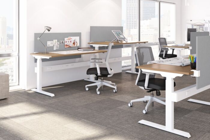 Height adjustable benching with white base and wood top