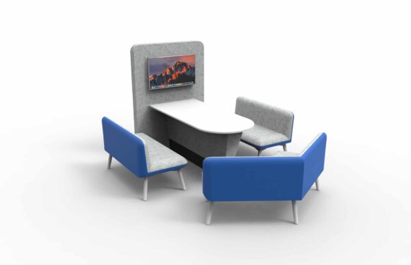 collaborative office furniture with blue accents