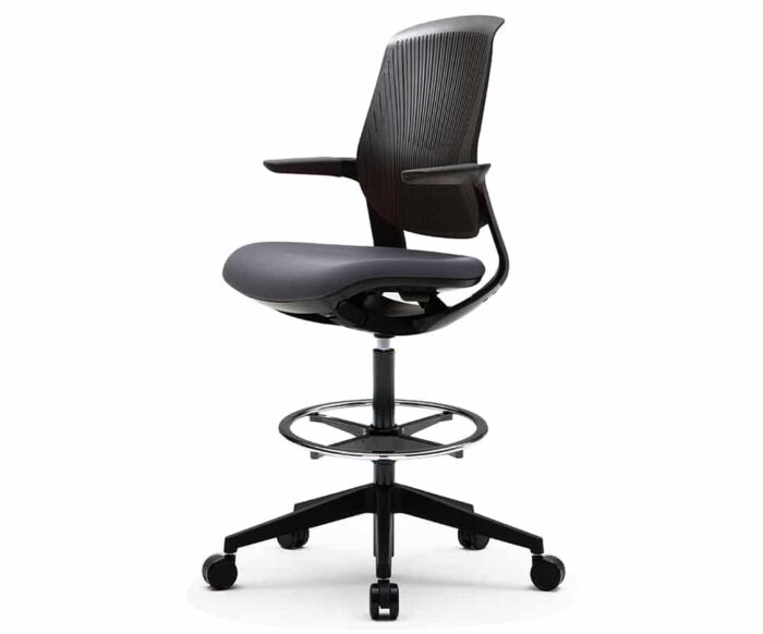 black modern drafting task chair with black cushion