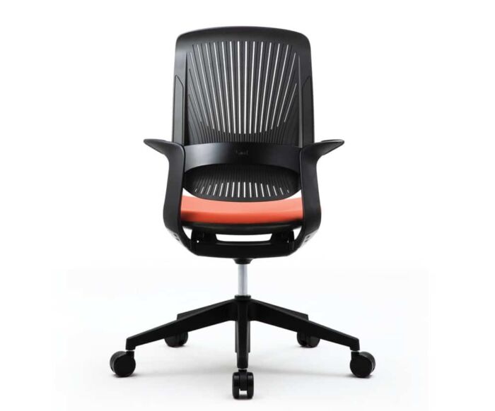 black modern office task chair with orange cushion