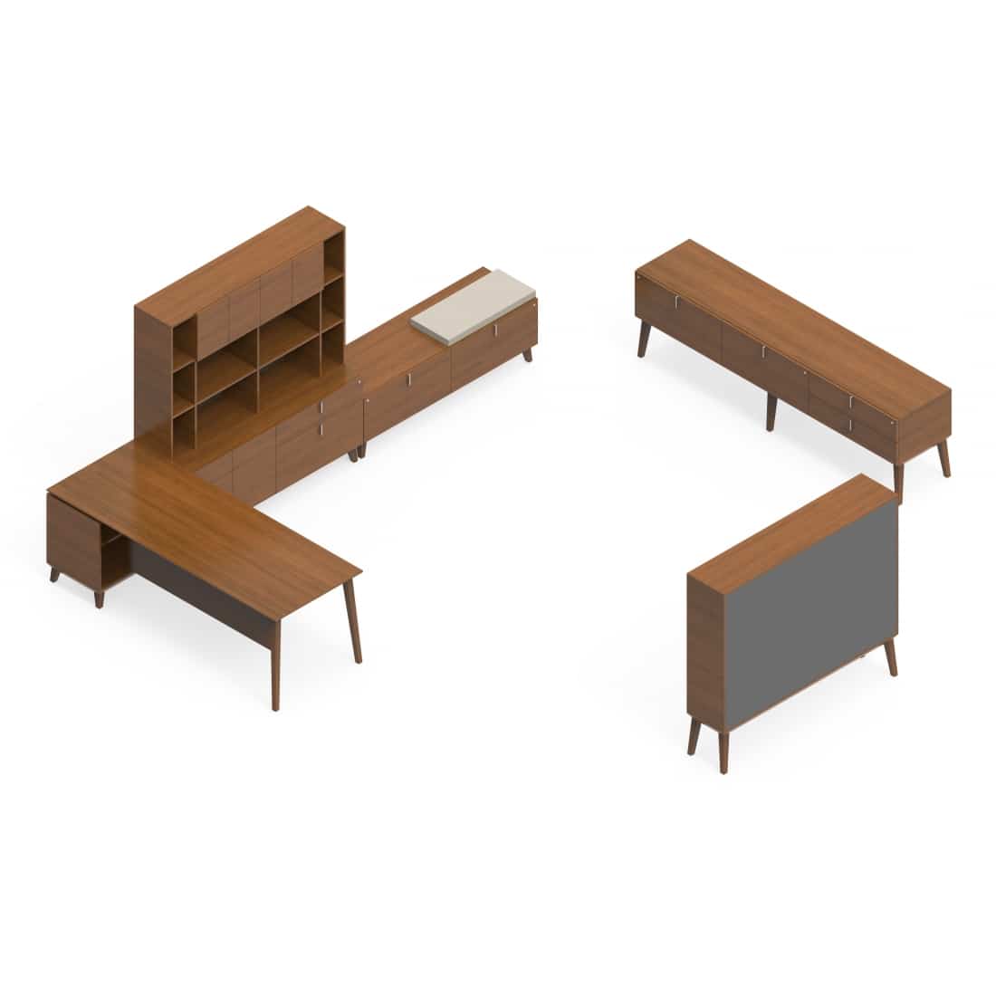 Corby Laminate and Veneer Desking With 2 Bookcases, Credenza, Table With Seating Area CBY212