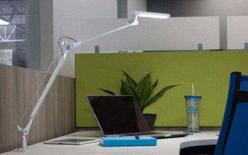 ESI Vivid-LEX Desk Lamp Clamped To A Desk With Green Wall