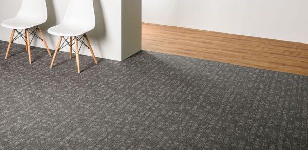 Studio shot looking towards a hallway. Two chairs are placed against the wall. Oxford model carpeting meets up with hardwood flooring.