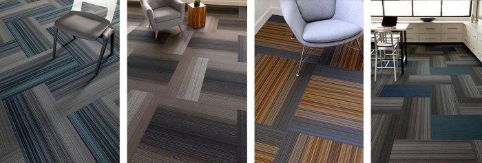 4-way collage of Umbra II carpet in its available color schemes. The photo of the far right is taken inside a laboratory classroom, with the rest of the images containing guest chairs.