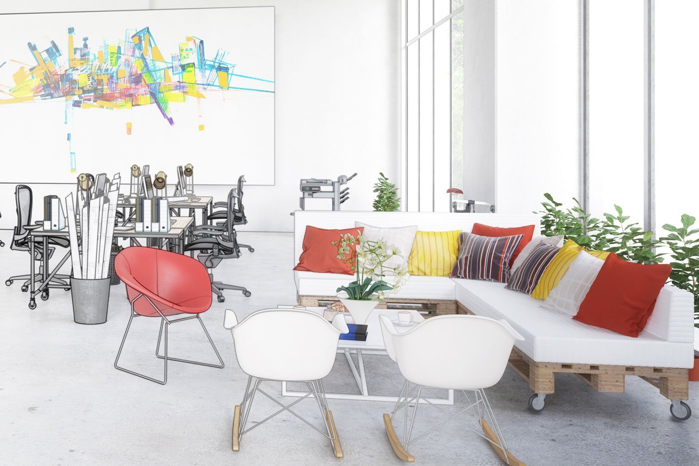 colorful office furniture and sketch of office workstations