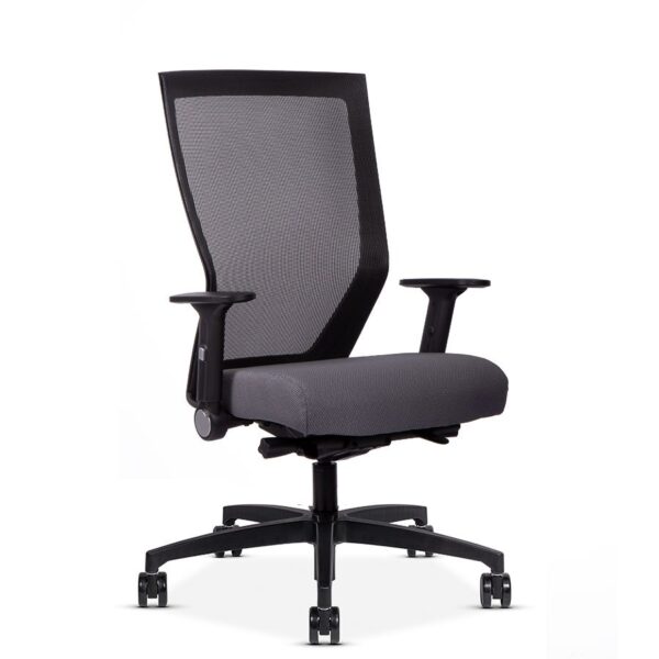 Quarter view of a Run II mesh back office chair with grey cushion.