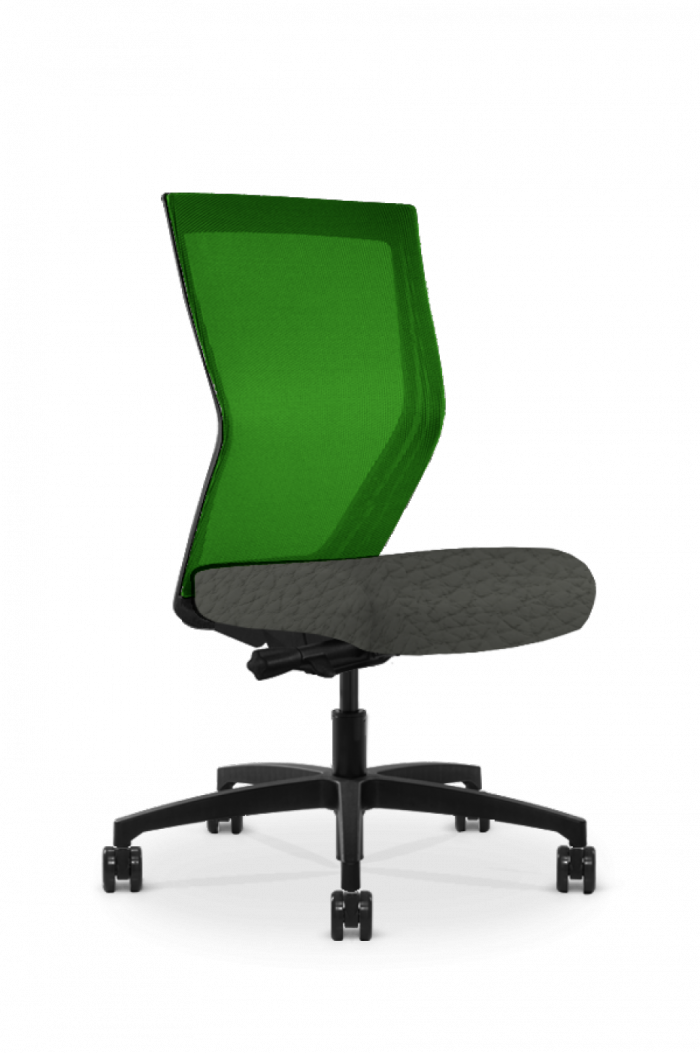 Quarter view of a Run II high-back chair, with a green mesh back and dark grey seat cushion.