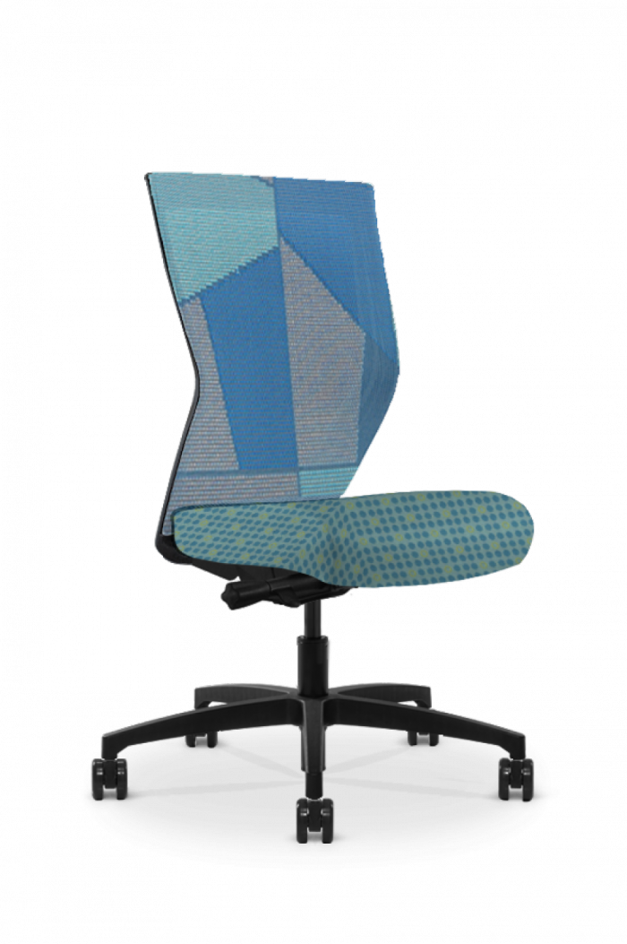 Quarter view of a Run II high-back chair, showing a combination of two patterns. The mesh back features a blue patchwork design, and the sea green cushion features a dot pattern.