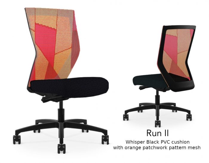 Composite image of a Run II high-back chair, front and back. It has a black PVC cushion, and an orange patchwork mesh back.