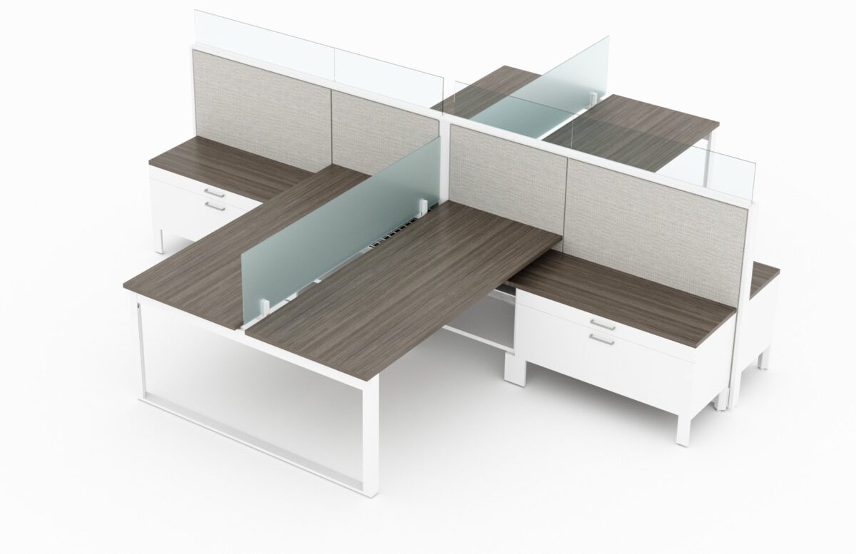4-Person set of L-shaped workstations. Frameless Clear acrylic pieces make up the top of the partition, on one side of each workstation. Just below the main partition is a wide credenza, just under the work surface. At its side is a ledge for storing bags and purses. This is rendered on a white background. Model is EV507.