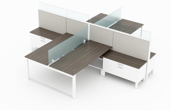 4-Person set of L-shaped workstations. Frameless Clear acrylic pieces make up the top of the partition, on one side of each workstation. Just below the main partition is a wide credenza, just under the work surface. At its side is a ledge for storing bags and purses. This is rendered on a white background. Model is EV507.