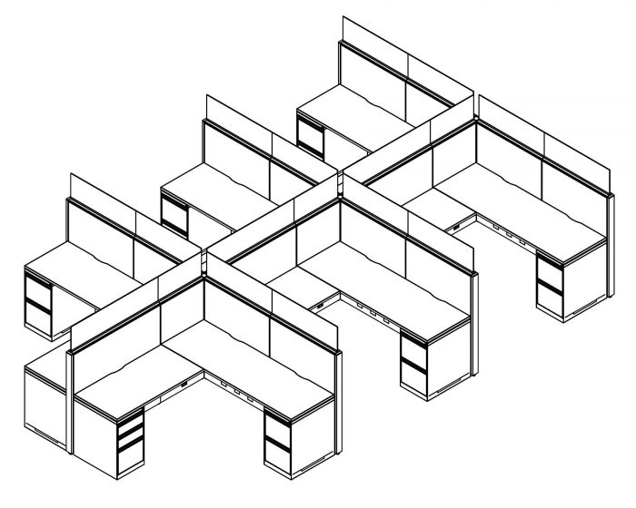 Technical drawing of Global's Evolve EV510 System, configured as a 6 pack of office cubicles. On the outer-sides of this arrangement is a pair of desk drawers.