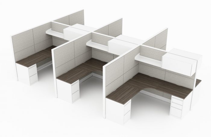 6-Person set of L-shaped workstations, with a beveled style on the inner corner. A single shelf is just above, with a cabinet as part of its right side. Mobile pedestal drawers are underneath each side of each work area. This is rendered on a white background. Model is EV512.6-Person set of L-shaped workstations, with a beveled style on the inner corner. A single shelf is just above, with a cabinet as part of its right side. Mobile pedestal drawers are underneath each side of each work area. This is rendered on a white background. Model is EV512.