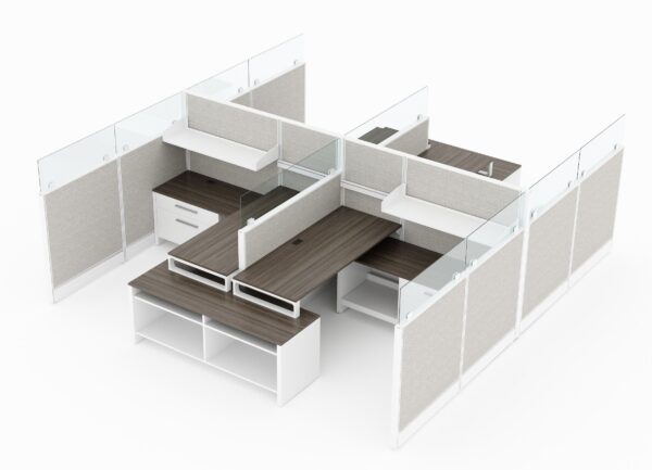 4-Person set of L-shaped workstations, with high paneling, end to end. Each station is partially enclosed, with a small work area placed on the back wall. At the front, is a pair of neighboring credenzas. Model is CM504.