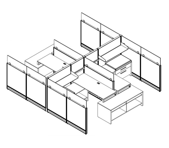 Technical drawing of the Compile CM504 4-Pack of work stations. Each station is partially enclosed, with a small work area placed on the back wall. At the front, is a pair of neighboring credenzas.