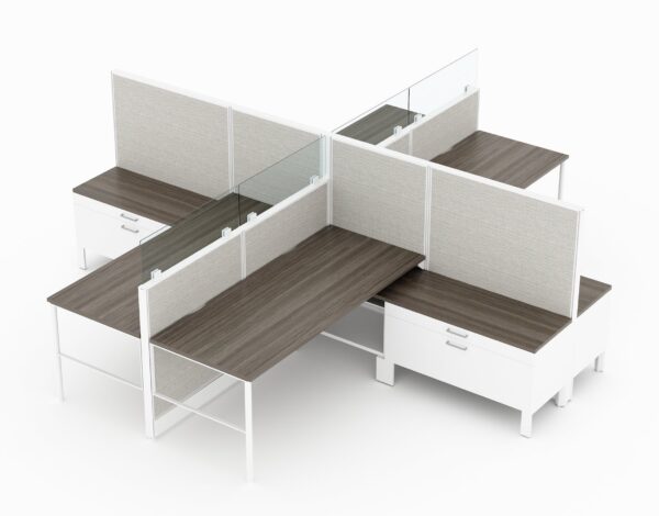 4-Person set of L-shaped workstations, with high paneling, end to end. Each station is partially enclosed, with a small work area placed on the back wall. At the front, is a pair of neighboring credenzas. Model is CM504.