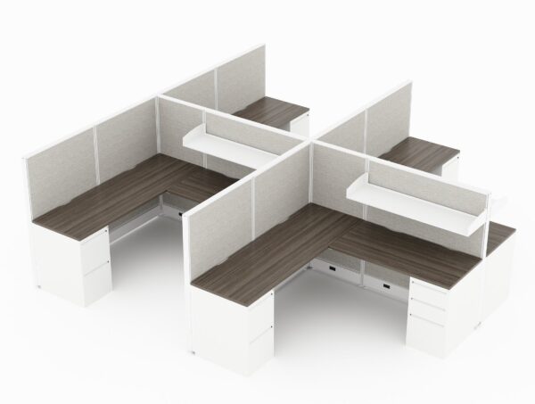 4-Person set of L-shaped workstations, with high paneling, end to end. A shelf is set above each workstation. A pair of supply and file drawers are placed at each side, under the desk. Model is CM511.