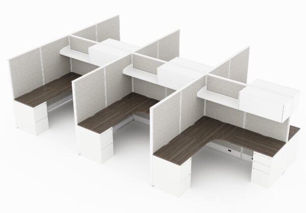 6-Person set of L-shaped workstations, with high paneling, end to end. A set of office supply drawers are placed at each side, underneath the table. Above is a shelf with a closed storage space on the other half. Model is CM512.