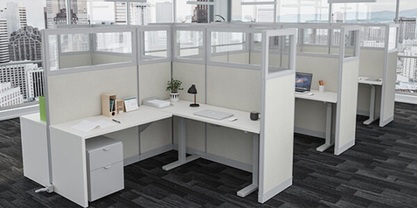 Remanufactured L-Shaped Modular Cubicle Workstation with Overhead Panels