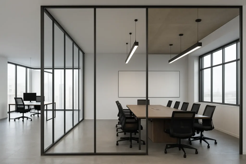 A modern demountable wall with a modern office that includes chairs, desks and a table