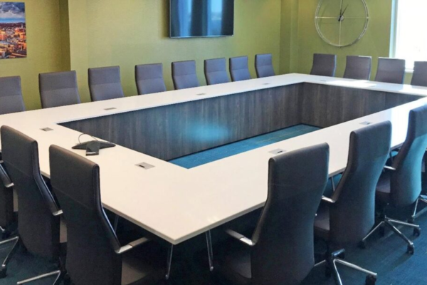 Symposia White U-Shaped Conference Table with Dark Wood Base