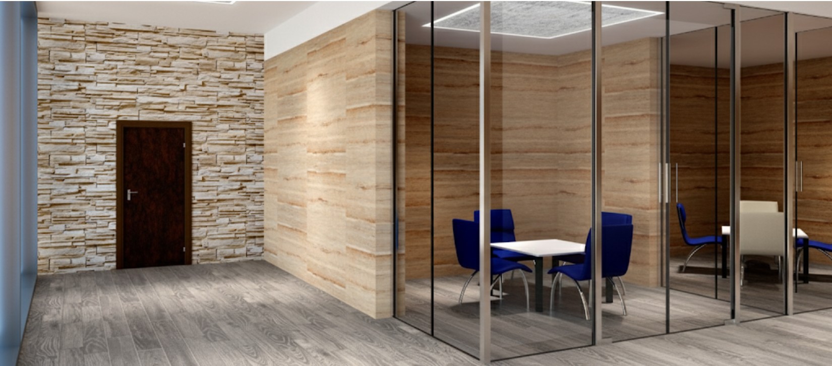 A modern Demountable Wall with chairs inside of it