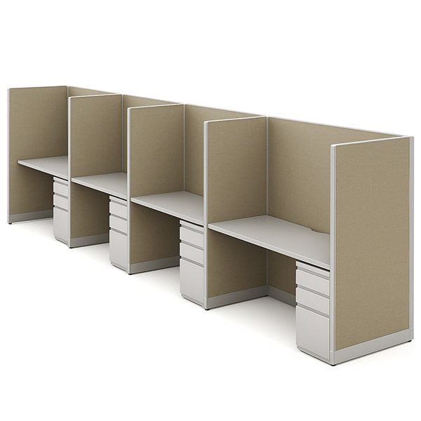 Single-Row 4-Pod 66″H x 60″W Workstations – 60″×24″ Tops with BBF Pedestals