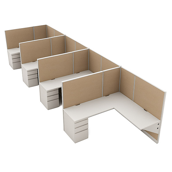 Single row four pod 48” high 5’ x 5’ workstation with 24” deep work surfaces