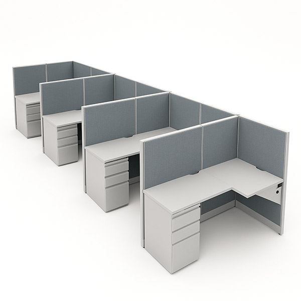 Single row four pod 54” high 5’ x 5’ workstation with 24” deep work surfaces