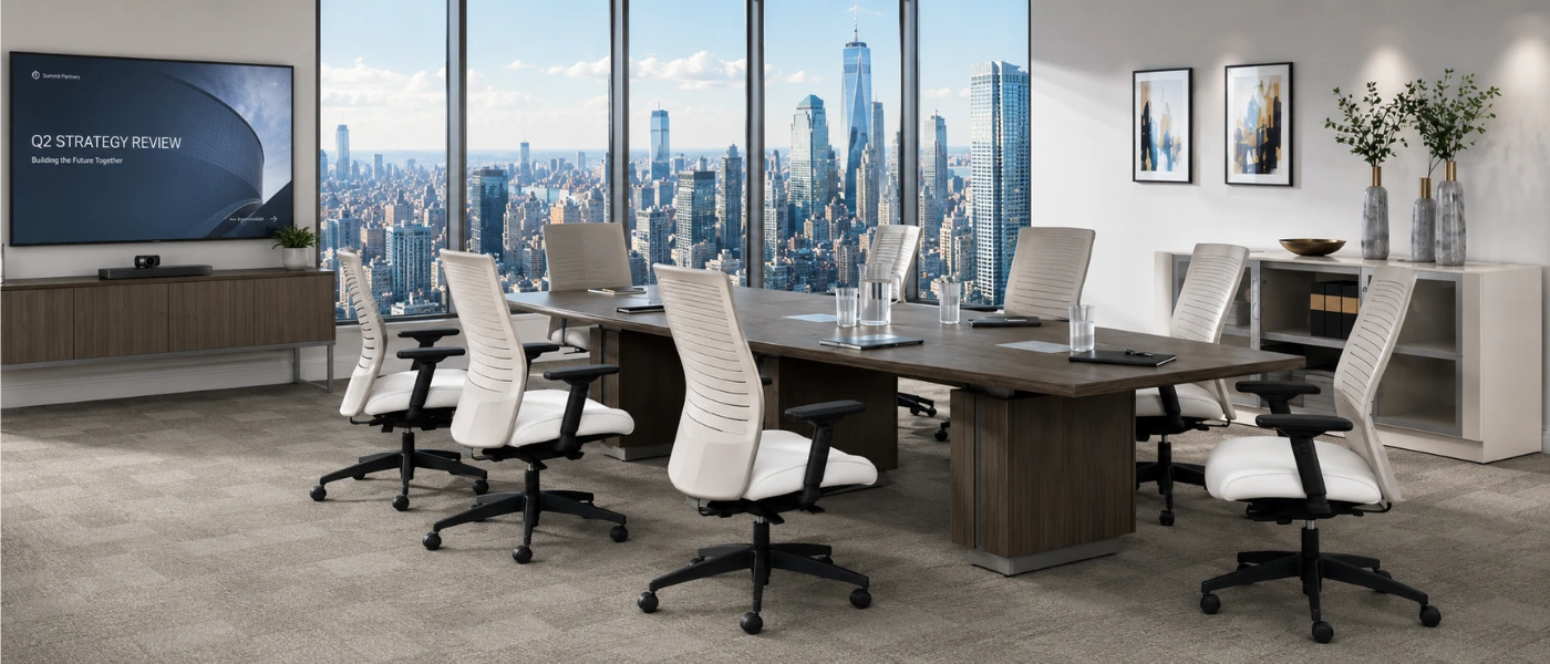An Office Tables Zira in high building with some chairs