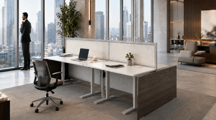 4 Person 60" Wide Power Beam with Height-Adjustable Worksurfaces & Modern Glass Stackers room view