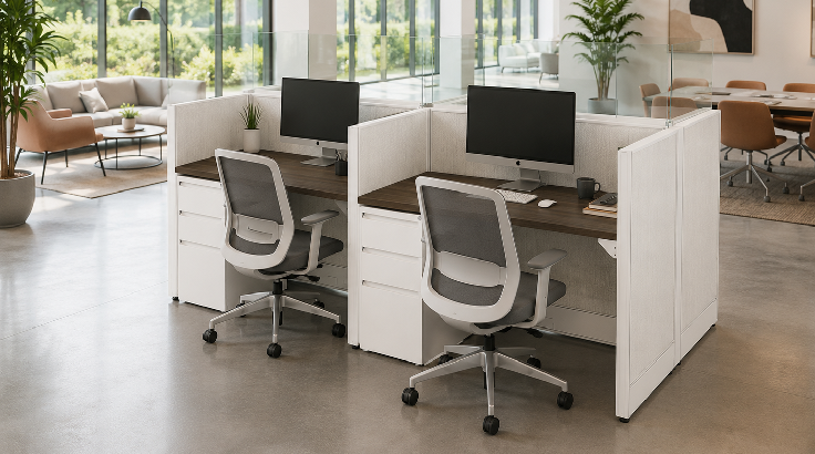4 Person Low Open 4x2 Cubicle with Glass – Quickship room view