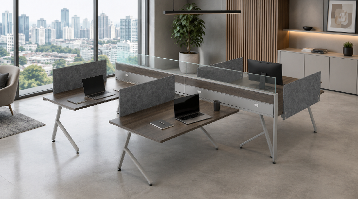 4 Person Open Low 60" Wide Benching Workstation with Fabric Dividers room view
