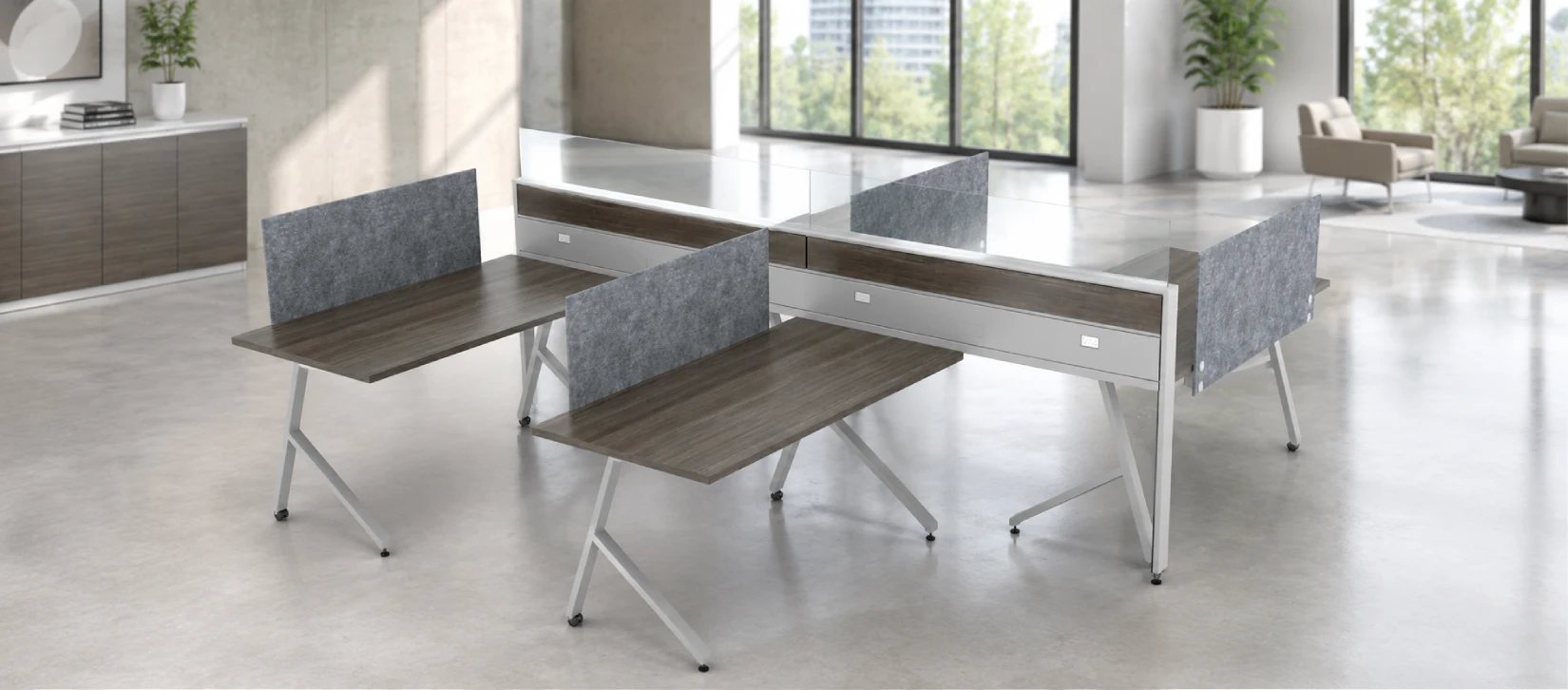 4 Person Open Low 60_ Wide Benching Workstation with Fabric Dividers