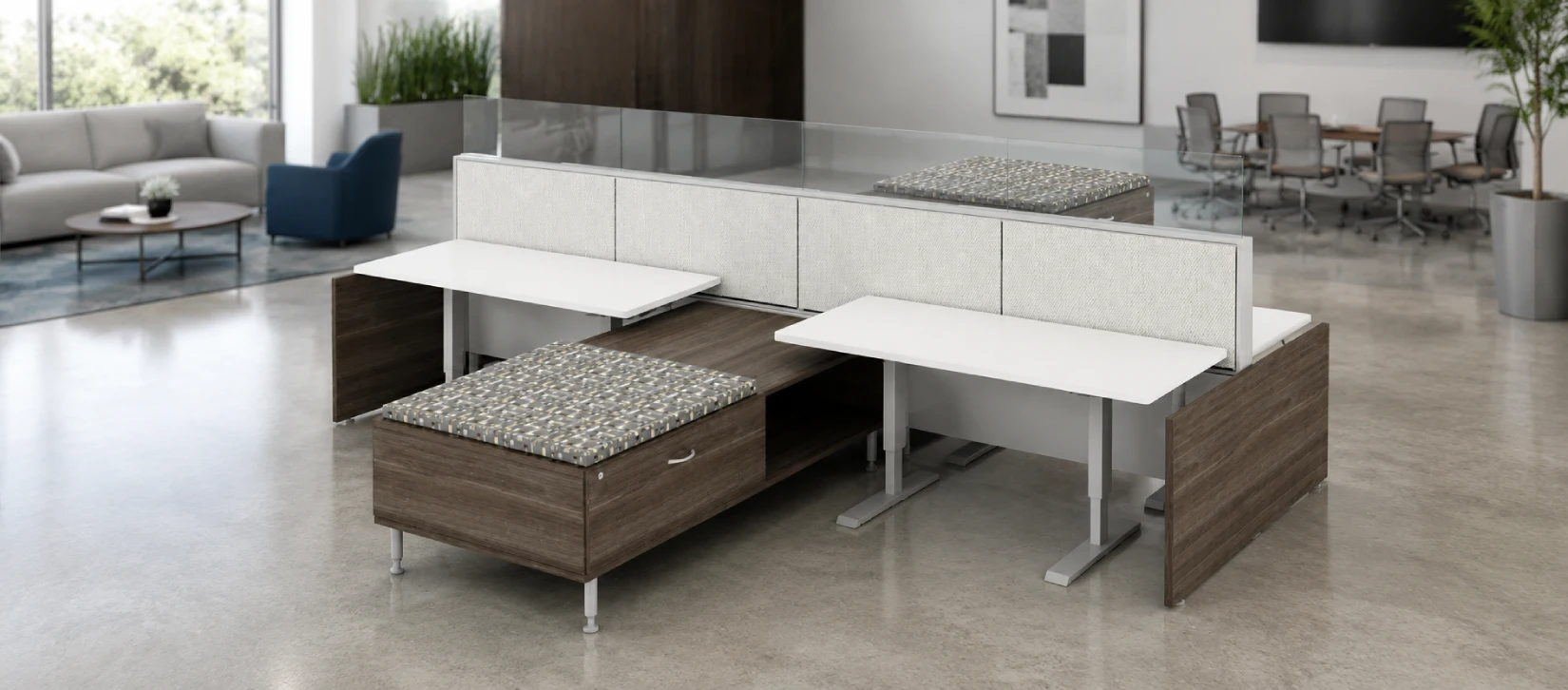 4 Person Open Low 60_ wide cubicle with Height Adjustable Worksurface