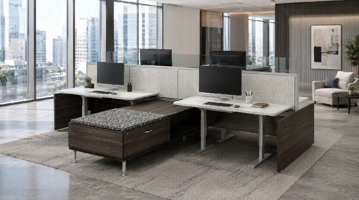 4 Person Open Low 60" wide cubicle with Height Adjustable Worksurface room view