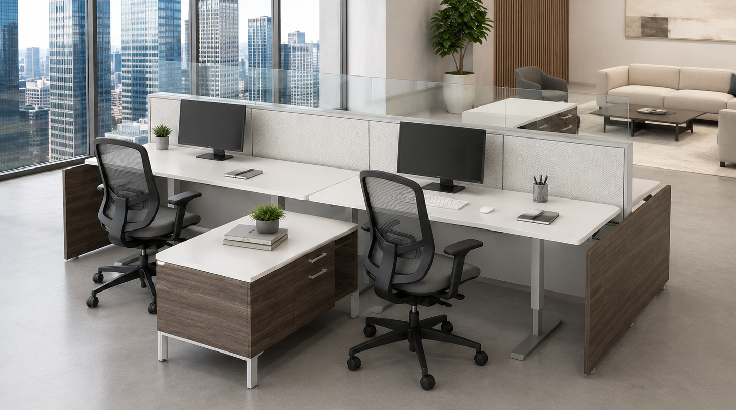 4 Person Open Low 72" wide cubicle with Height Adjustable Worksurface room view