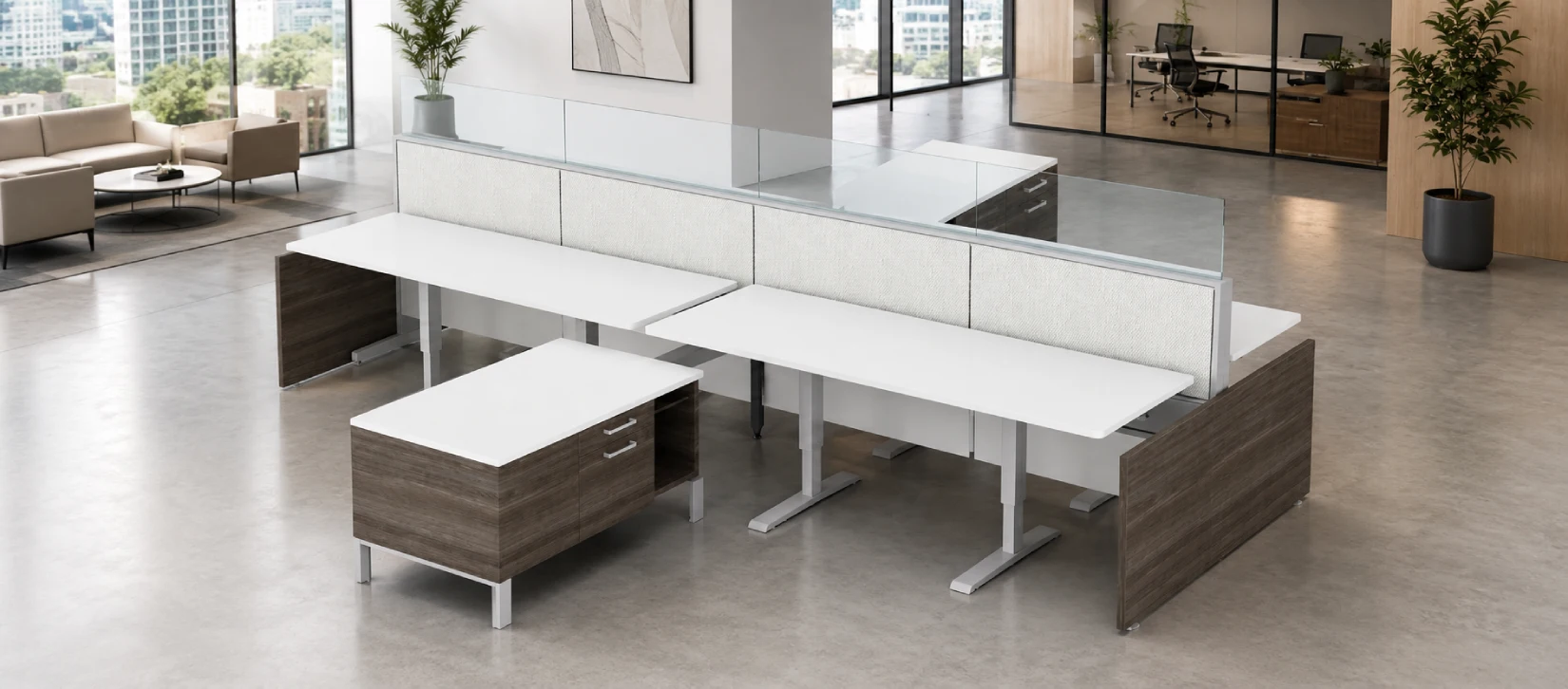4 Person Open Low 72″ wide cubicle with Height Adjustable Worksurface