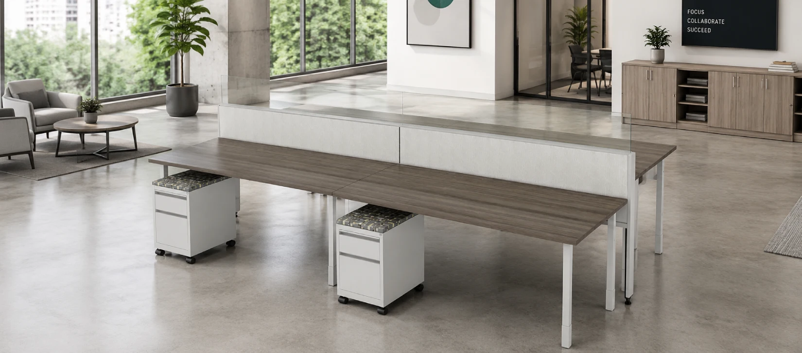 4 Person Open Low Benching Workstation with Modern Glass