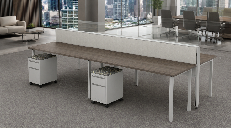 4 Person Open Low Benching Workstation with Modern Glass room view