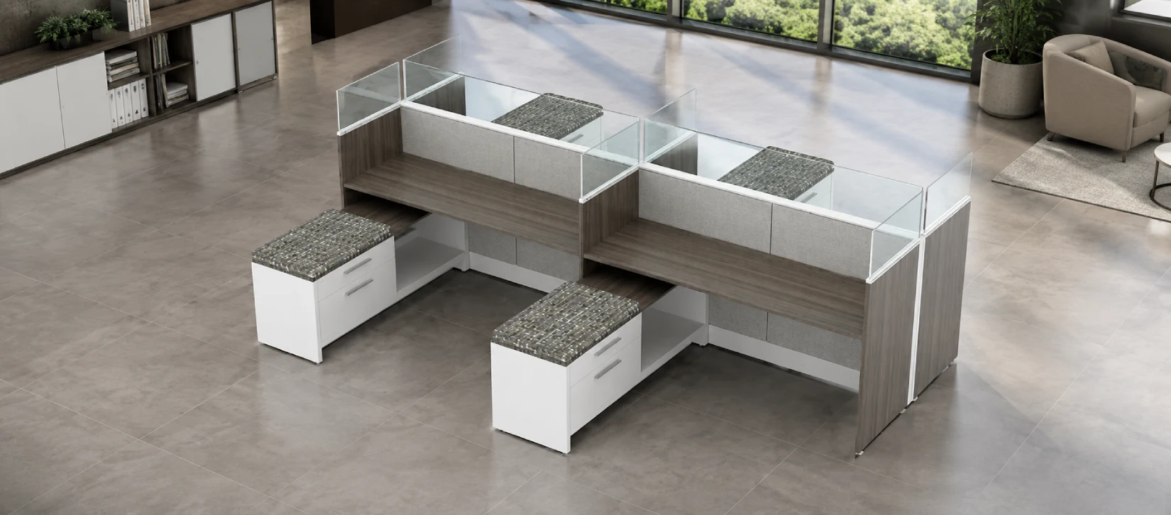 4 Person Open Low Panel 5x6 Cubicle with Glass Divider