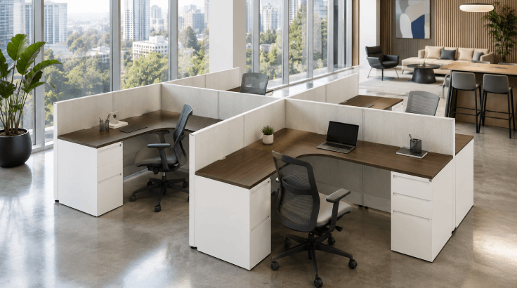 4 Person Open Low Panel 6' x 6' Corner Cubicle Quickship room view