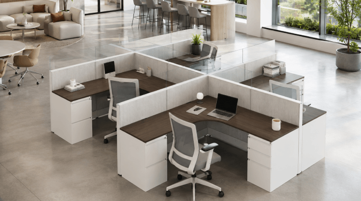 4 Person Open Low Panel 6x6 Corner Cubicle with Glass -Quickship room view