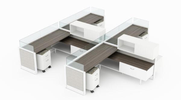 4 Person Open Low Panel 6x6 Cubicle with Glass/Overhead Storage