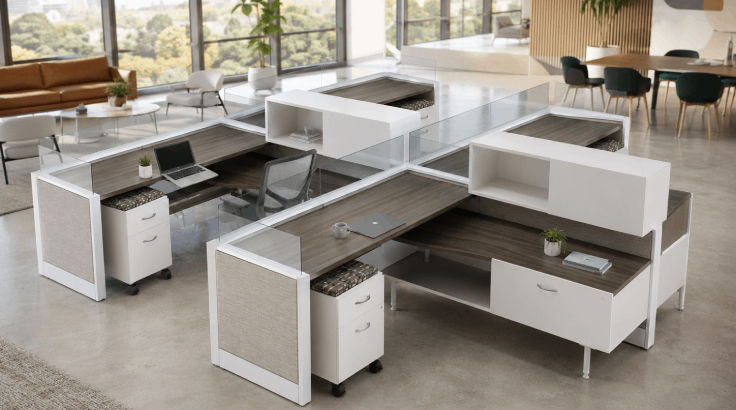 4 Person Open Low Panel 6x6 Cubicle with Glass/Overhead Storage room view